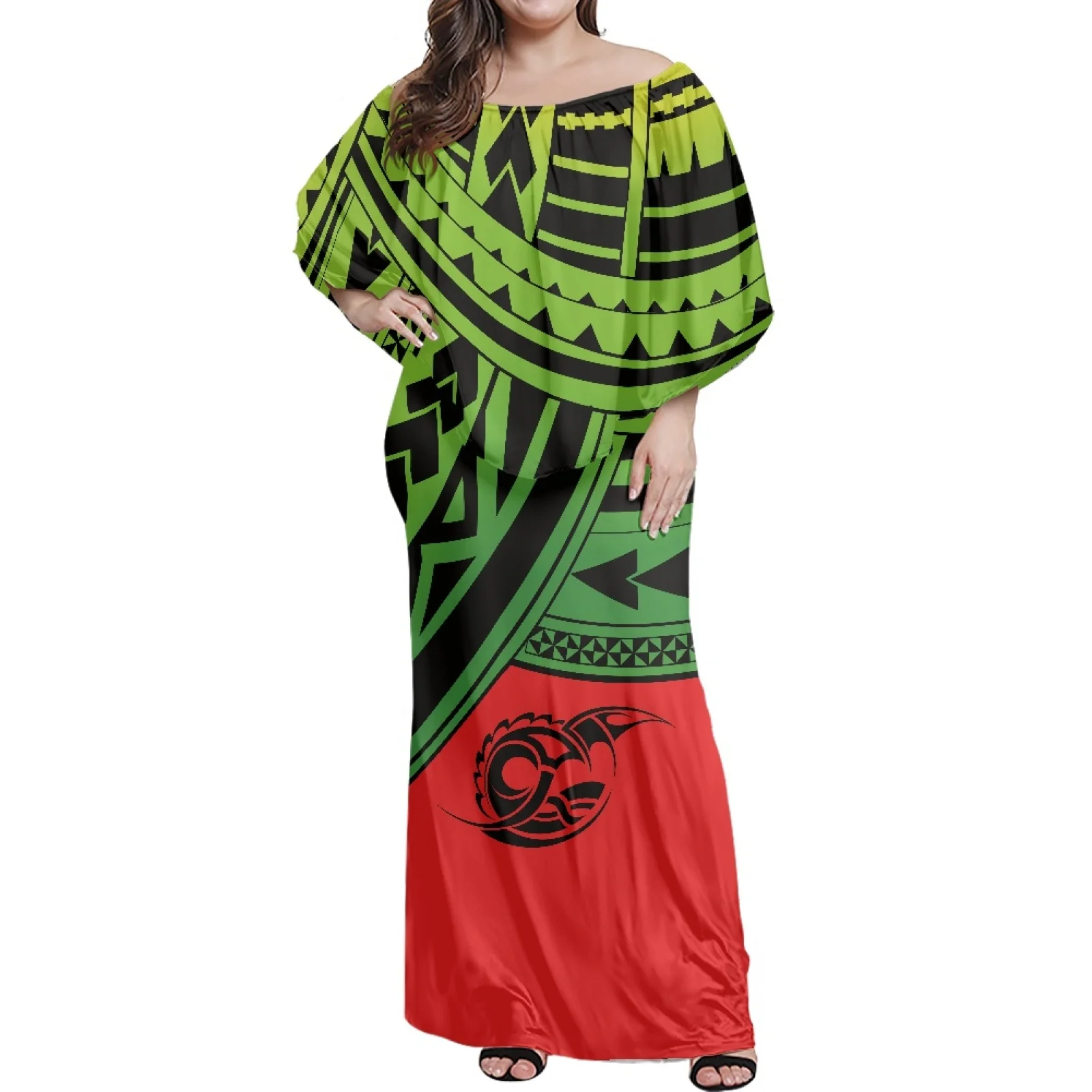 Samoan Tribe With Shawl Wome Ponchos Dress Winter Hawaiian Tattoo Print Women Dress Off The Shoulder Maxi Evening Gown