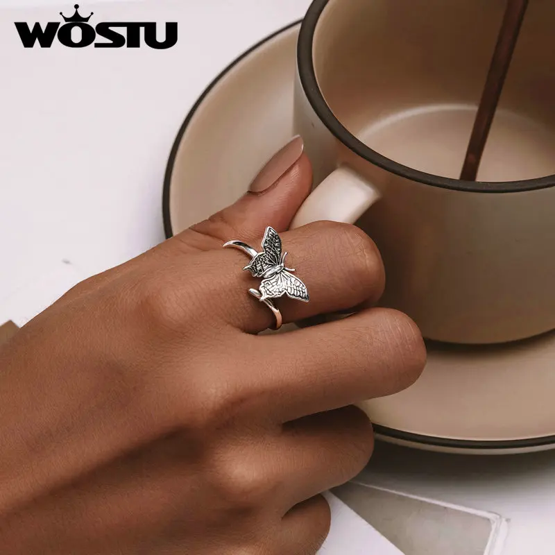 WOSTU 925 Sterling Silver Vintage Butterfly Opening Rings Women Female Sizeable Insest Creative Rings Party Gift Daily Jewelry