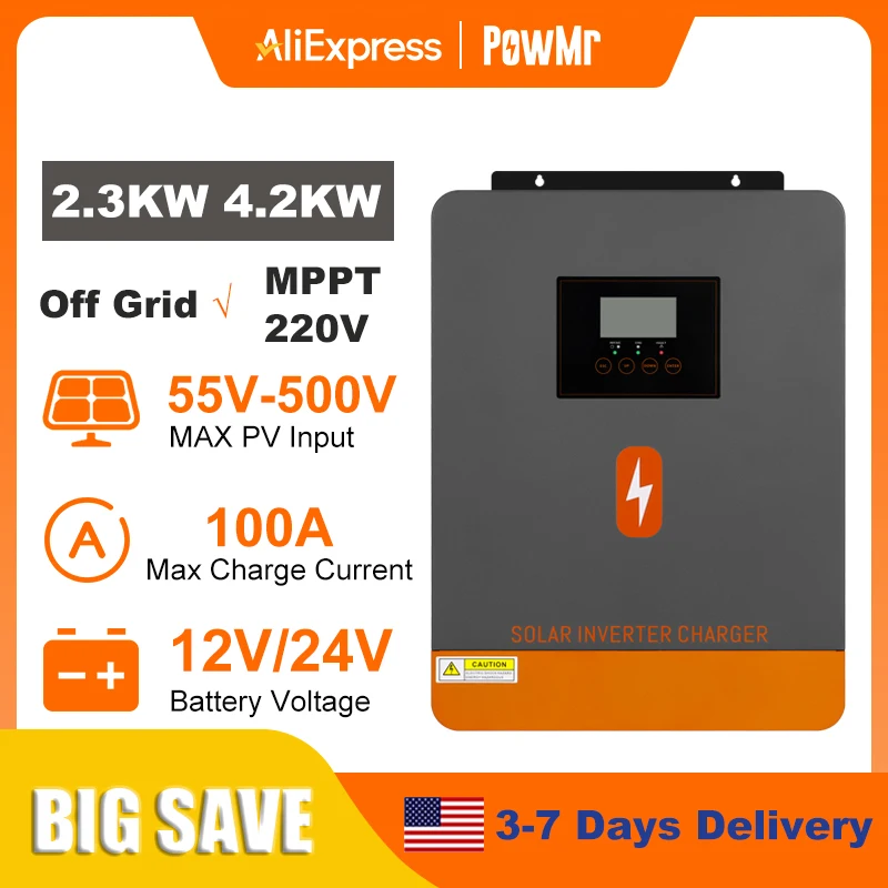 

PowMr 2.3KW 4.2KW Hybrid Solar Inverter 12V 24V 230V Off Grid Pure Sine Inverter Dual Output with MPPT 100A Solar Charger