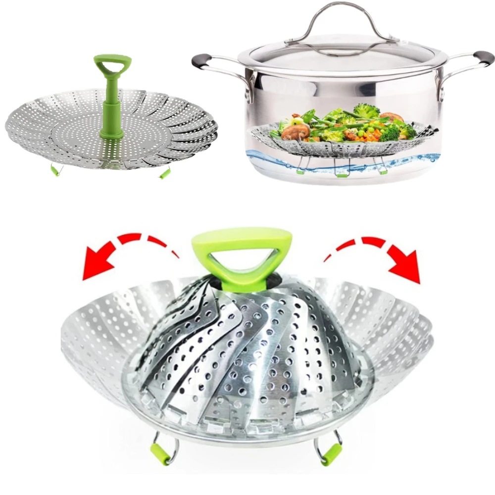 Stainless Steel Lotus Steamer 9/11 Inch Folding Expandable Steaming Rack Mesh Food Basket Vegetable Fruit Steamer for Kitchen