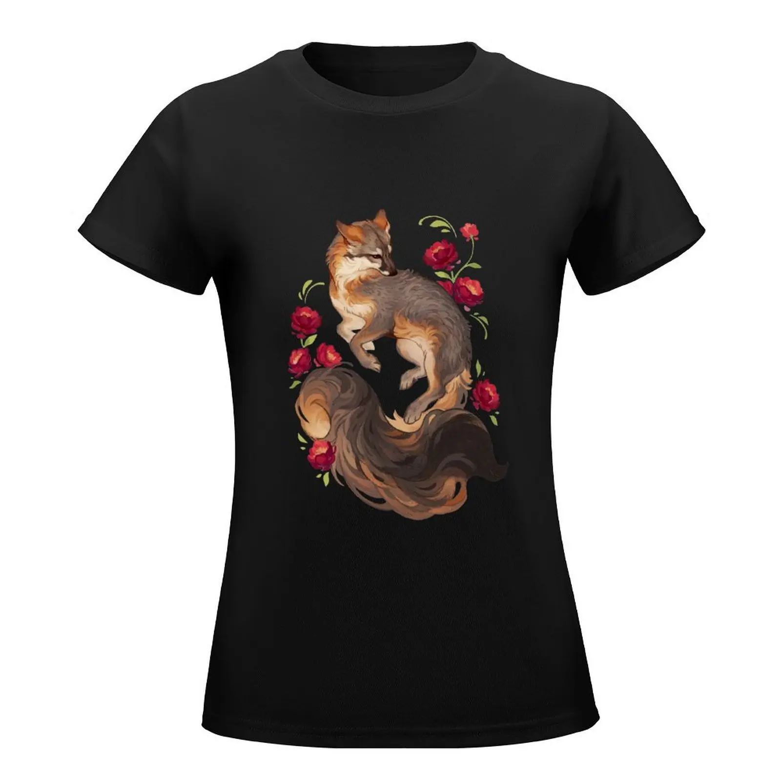 Grey fox with red flowers T-Shirt Aesthetic clothing plus size tops funny oversized workout shirts for Women