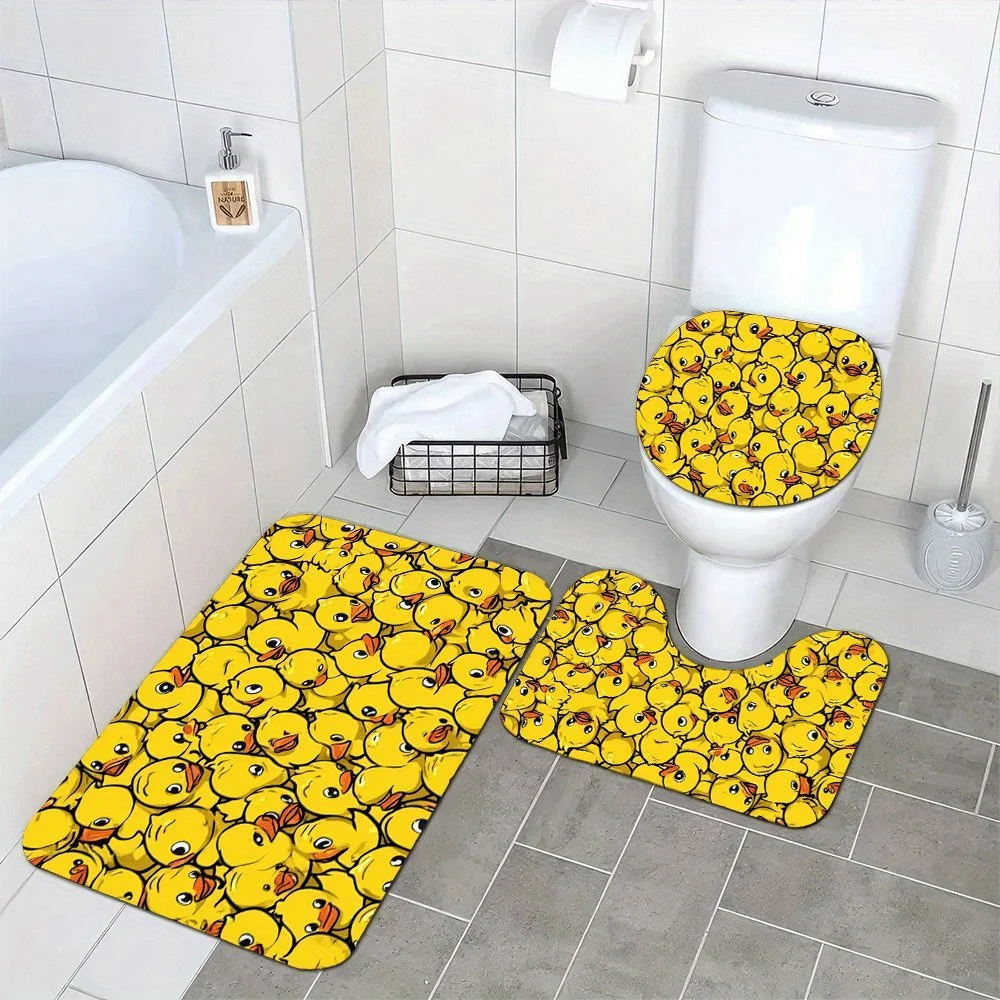 3pc Yellow duck pattern bathroom set, U-shaped mat, non-slip mat, toilet seat cover, suitable for bathroom decoration.