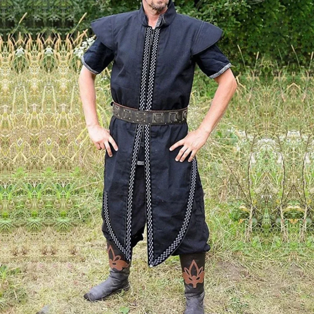 Men\'s Medieval Sleeveless Tunic Robe Printed Larp Viking Costume Tarbard Warrior Cosplay Shirt Celtic Long Saxon Blouse