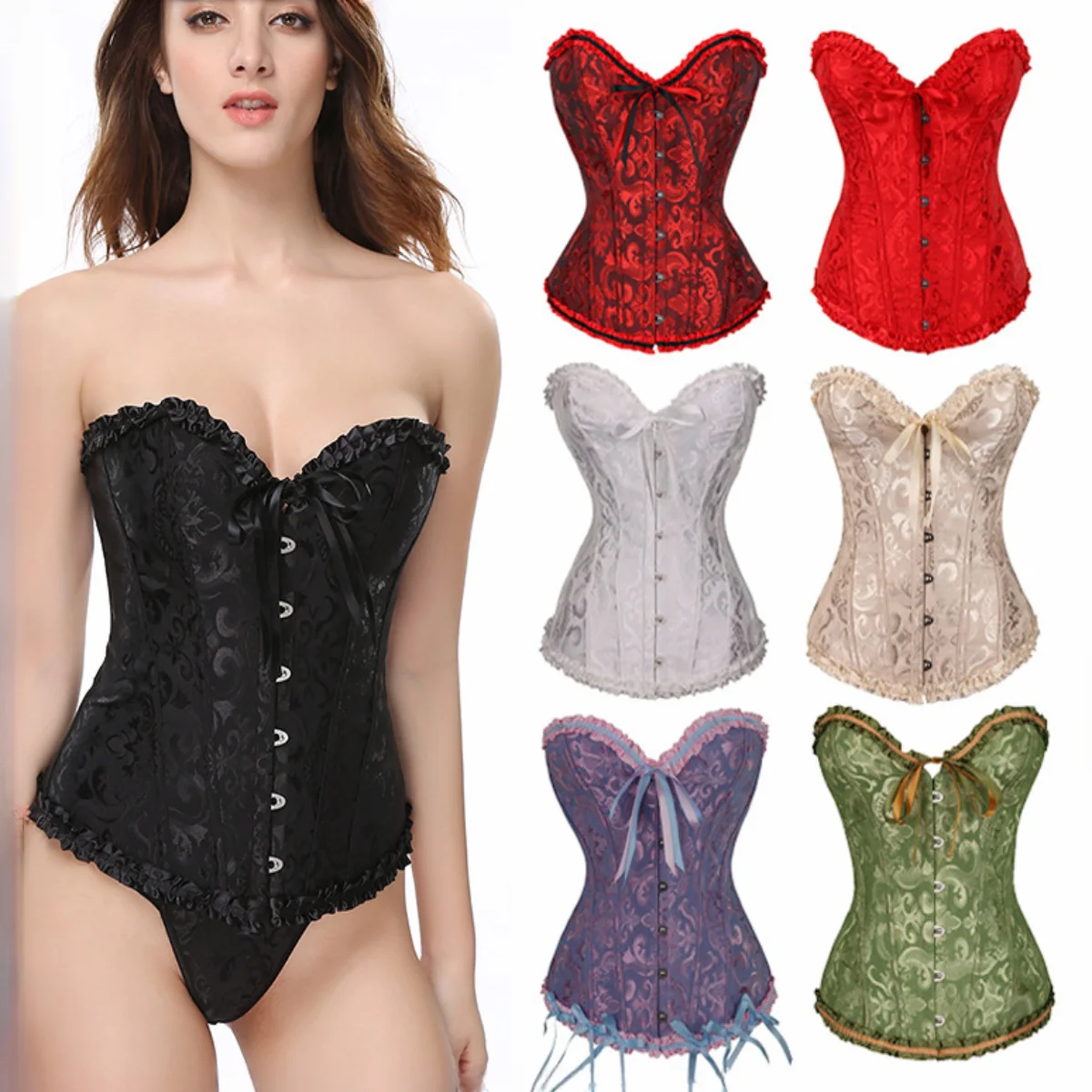 Women Lace-up Boned Overbust Corset Bustier Bodyshaper Top Court Bodice Shapewear Corselet Underwear Lace Waist Push Up Bodysuit