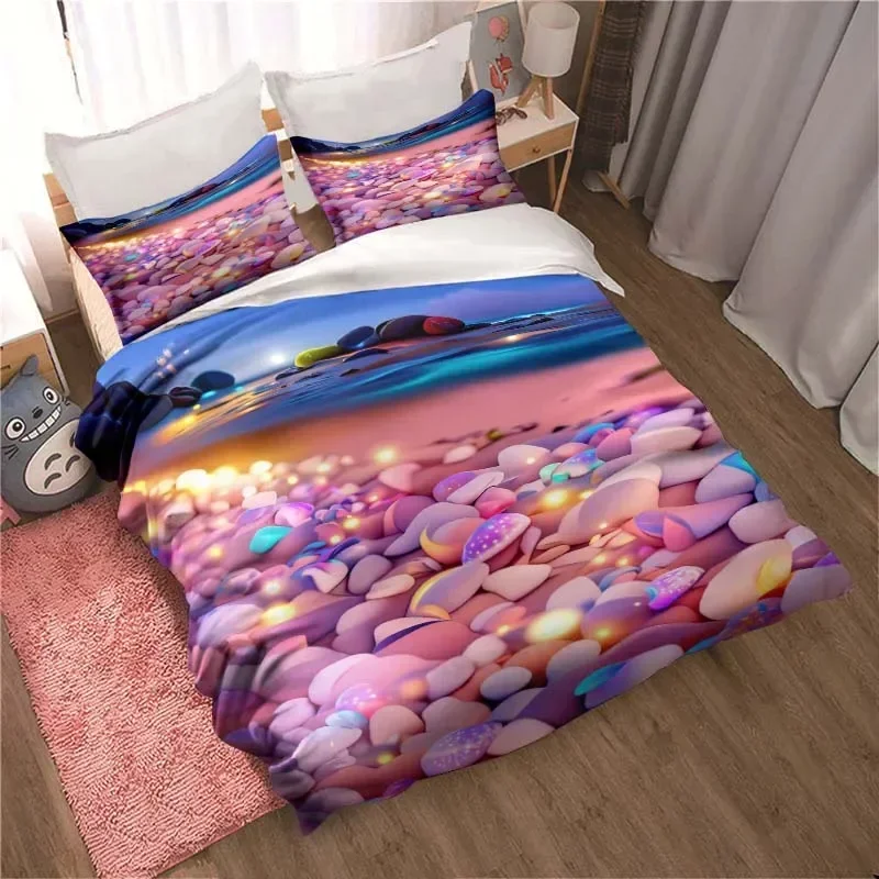 3D printed color butterfly mushroom beach pattern three-piece set, beautiful home decoration quilt pillowcase, birthday gift