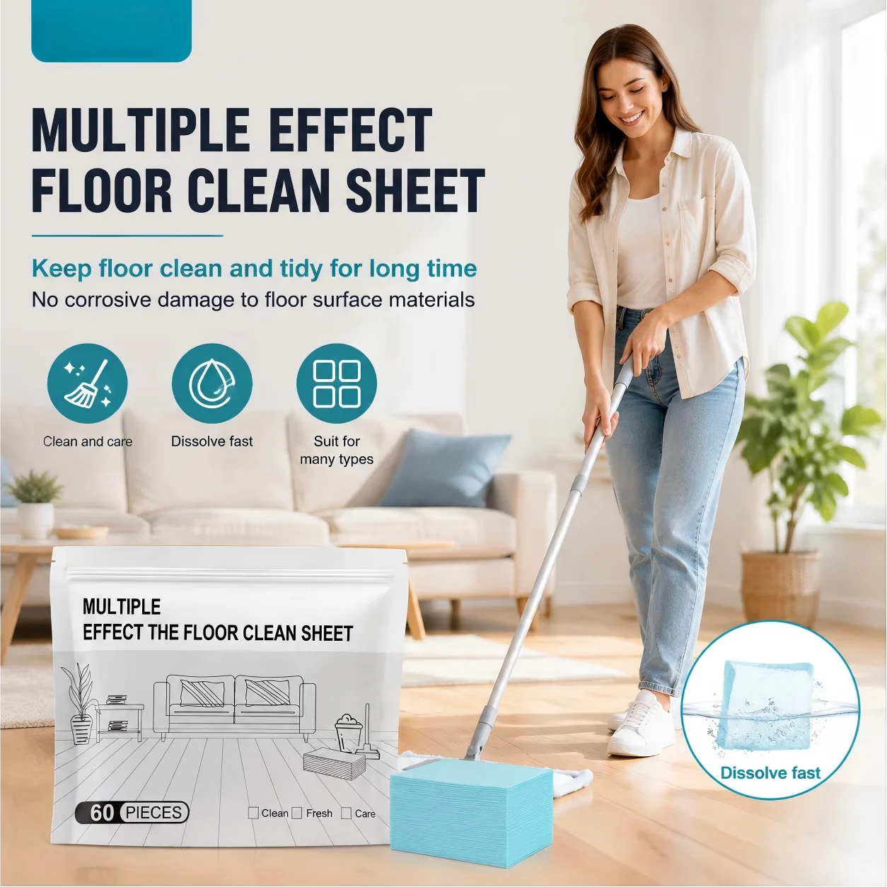 Water Soluble Floor Cleaning Sheets for Hardwood Tile Deep Cleaning Refreshing Disposable Multi-surface Mop Floor Cleaner 100pcs