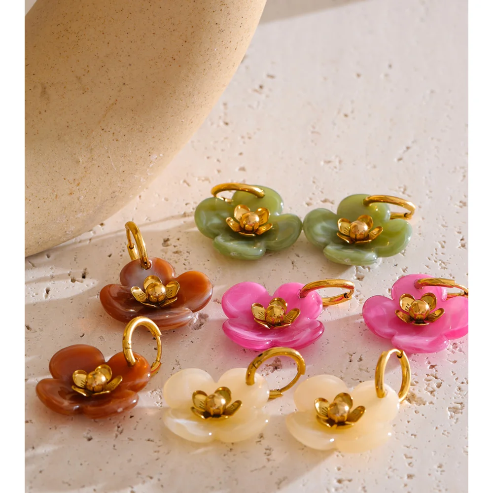 Yhpup Stainless Steel Resin Flower Drop Hoop Earrings for Women Trending Fashion Jewelry Green Yellow Brown Pink Accessories