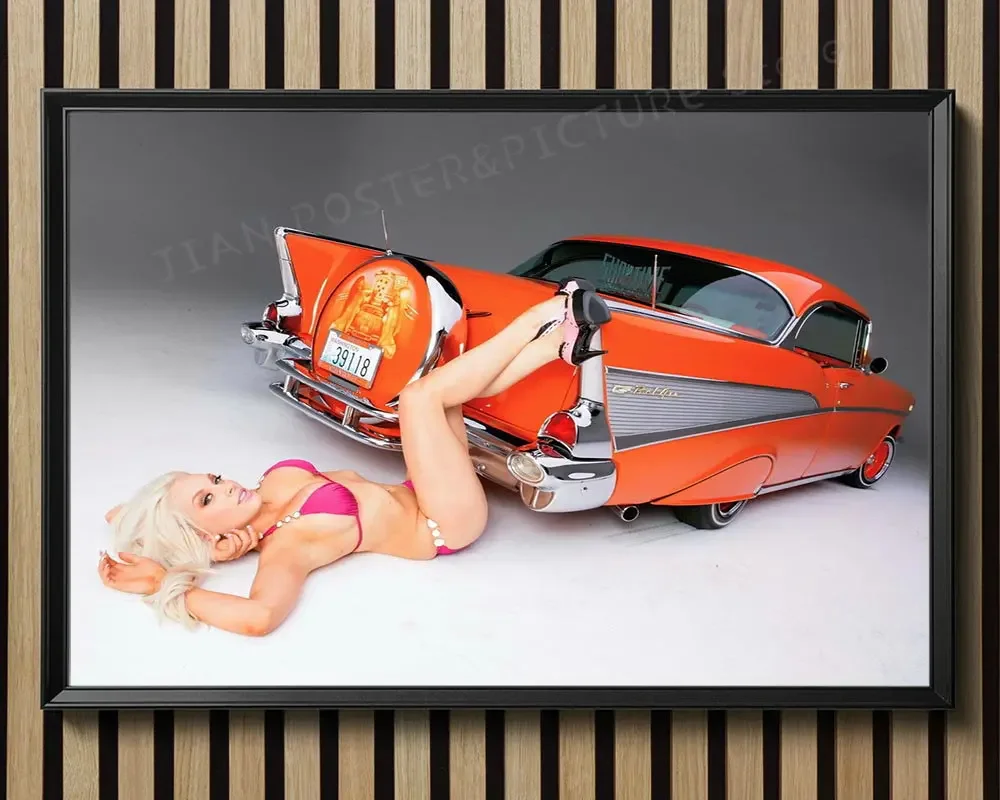 R0135 Sexy Hot Girl Vintage Rerto Car Blonde Bikini Wall Sticker Silk Poster Art Home Decoration
