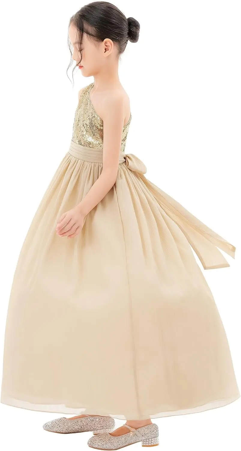 Ekidsbridal One-Shoulder-Blumenmädchenkleider aus Chiffon mit Pailletten, besondere Festzugskleider für Mädchen