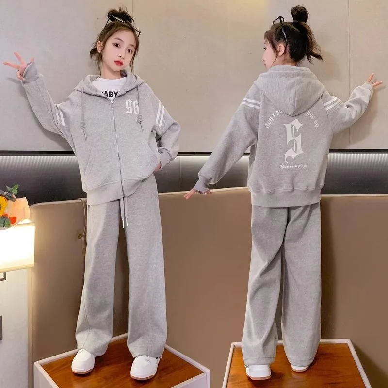 Girls Cotton Hooded Striped Drawstring Workout Zip Sweatshirt Jacket+Sweatpant School Kids Tracksuit Child Jogger Outfit 5-16Yrs