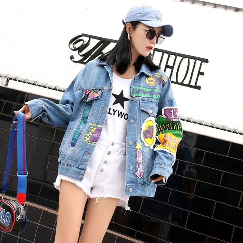 

New Korea Spring Autumn Jean Jacket Womens Appliques Loose Cartoon Sequins Denim Fashion Harajuku Coat Casual Outwear Short