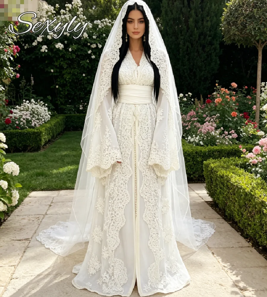Marokkanischer Kaftan Bescheidenes Hochzeitskleid 2026 Trompetenärmel Spitze Muslimische Dubai Islamische Abaya Brautkleider Elegante Takchita Brautrobe