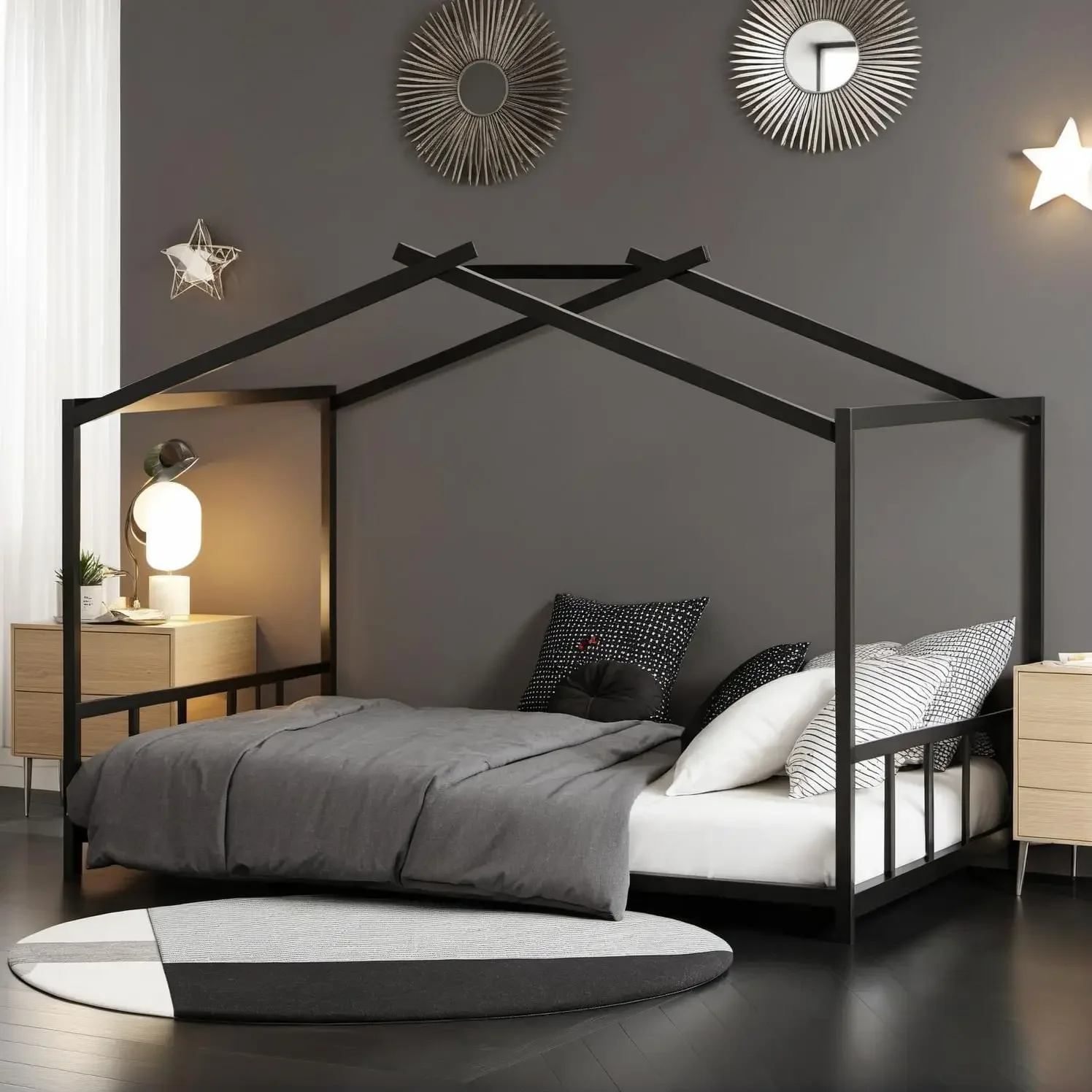 Floor Bed with Headboard & Footboard, Metal House Bed Frame with Soundproof Strip for Boys and Girls, Kids Playroom, No Box Spri