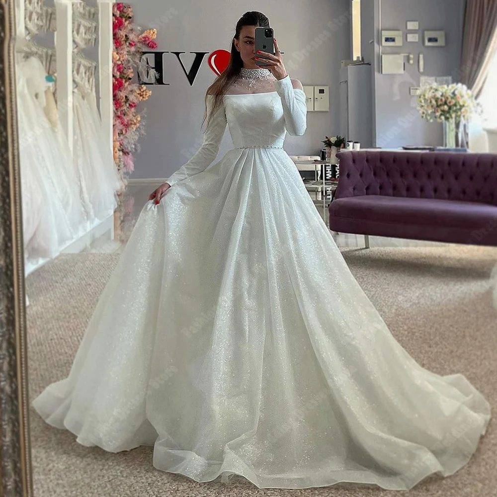 

Sexy Shining Wedding Dresses For Women Bohemia High Collar Tulle Surface Bride Gowns Celebrity Customized Ball Vestidos De Novia