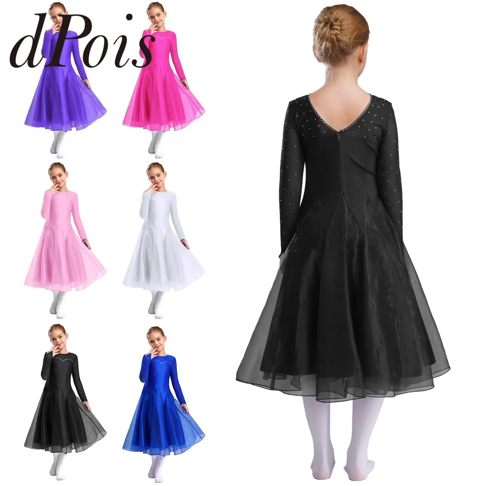 

Kids Girls Rhinestone Ballet Dress Elegant Sheer Mesh Dancewear Tango Latin Dance Ballroom Dress for Dancing Competition
