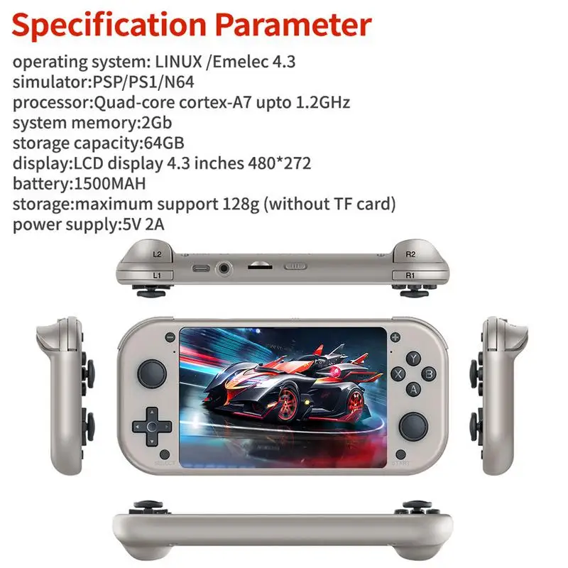 레트로 클래식 휴대용 게임 플레이어, 저장 용량 옵션 게임 콘솔, 25 에뮬레이터, 30 개 언어, 4.3 인치, 480x272P, 64G, 128G