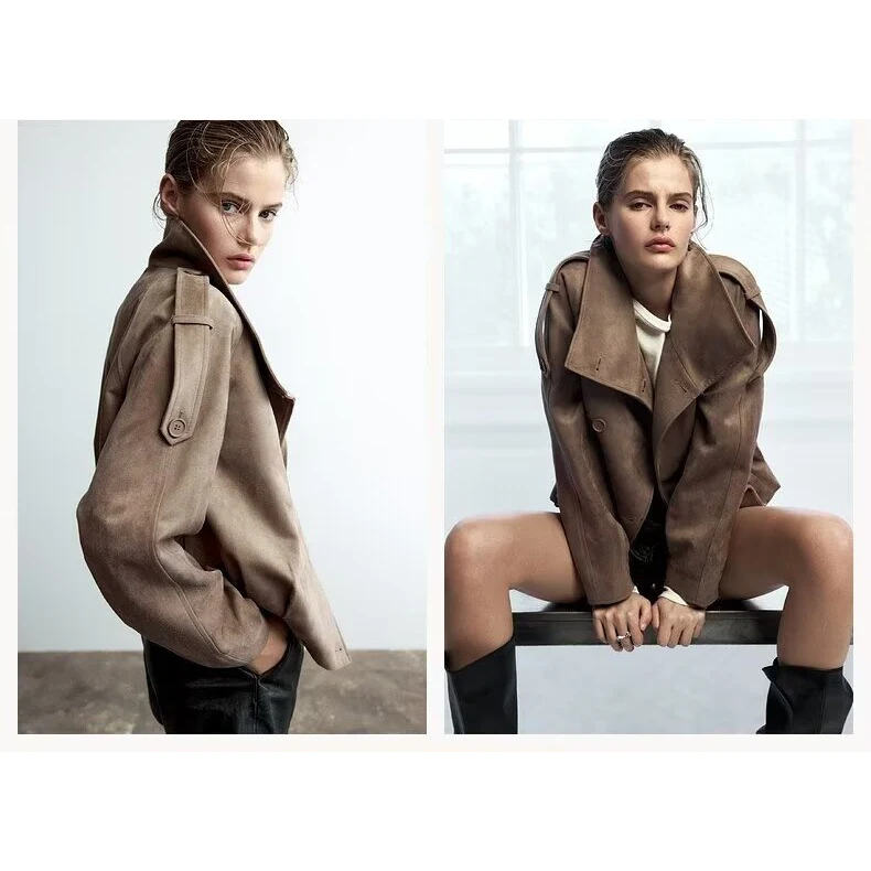 Fashionable Pure Color Double-Breasted Chimney-Style Coat ZR Wind Women's Versatile Ball Jacket Polyester Fiber Autumn Season