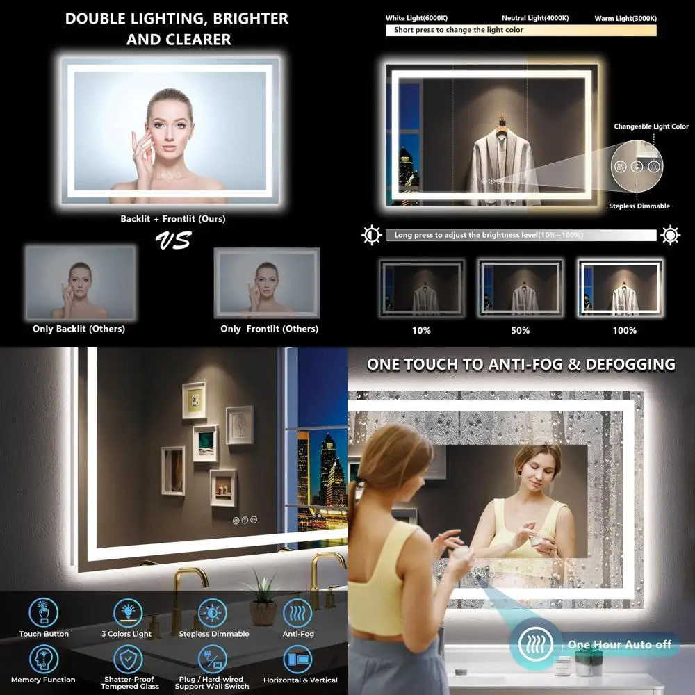 

60 x 36 LED-Illuminated Bathroom Mirror with Front and Back Lighting, 3 Color Temperatures, Anti-Fog, Shatter-Resistant, IP54 Wa