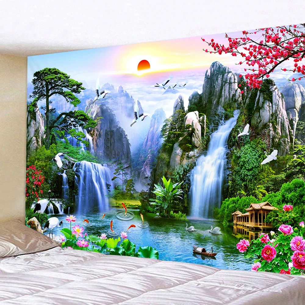 

Nature Landscape Tapestry Chinese Scenery Painting Home Decor Mountain Waterfall Sunset Flower Wall Hanging Wall Decoration