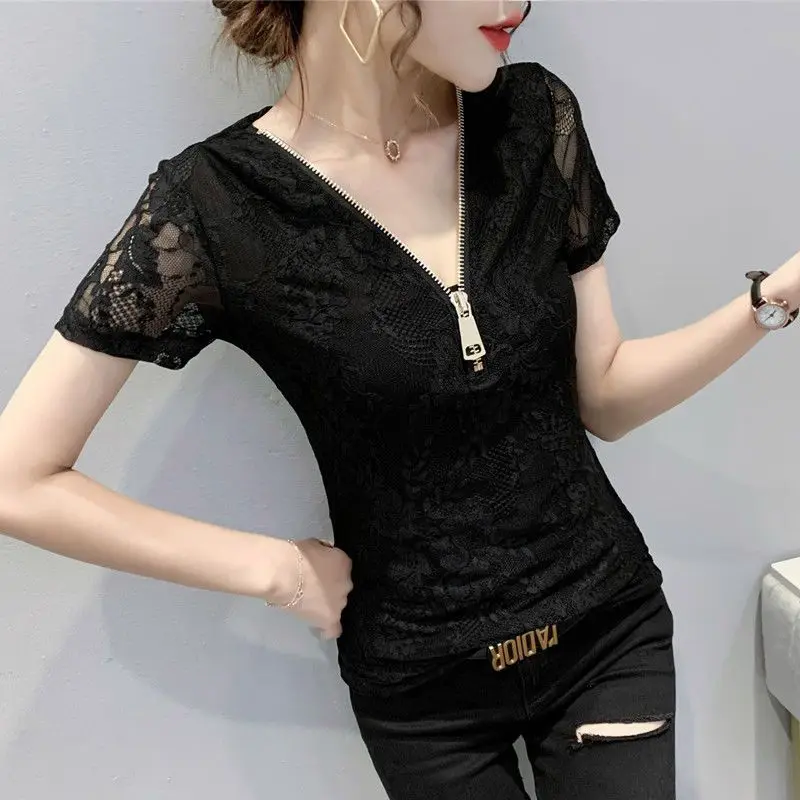 New Summer Women's Solid Colors V-Neck Zipper Short Sleeve Lace Gauze Sexy Pullovers Appear Thin Classic Fashion CommuteTops