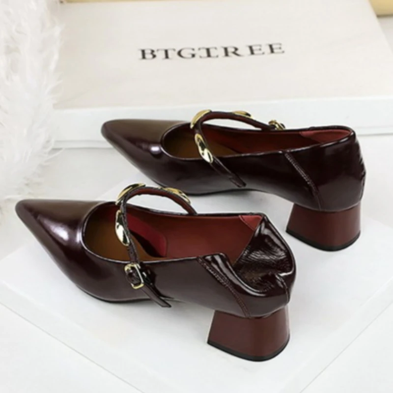

BIGTREE Women Pointed Toe Mary Jane Shoes Retro Gold Metal Buckle Block Heel Pumps Vintage Comfort Mid Heel Office Dress Shoes