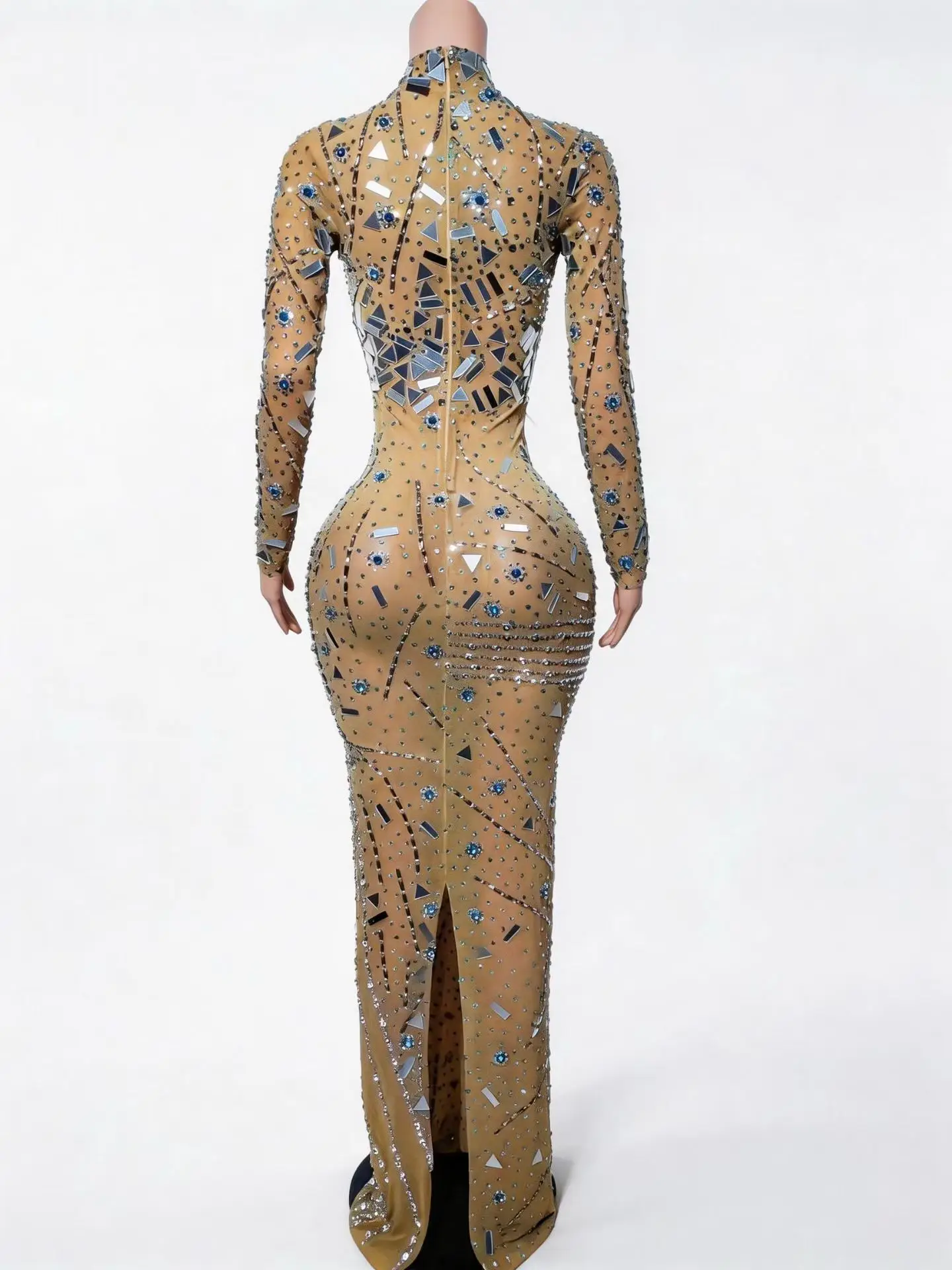 Sexy Women Sparkly Rhinestone Mirror Long Sleeve See Through Mesh Mermaid Maxi Dress Prom Party High-end Evening Gown Chunfeng