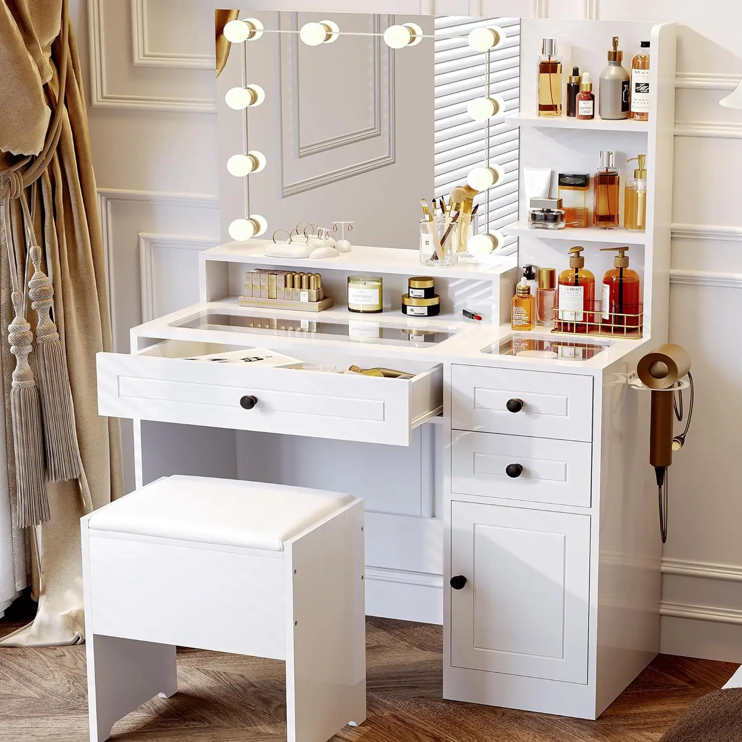 White Makeup Vanity Desk with Mirror and Lights Girls Vanity Set with Drawers Shelves Storage Cabinet and Stool 3 Lighting Modes