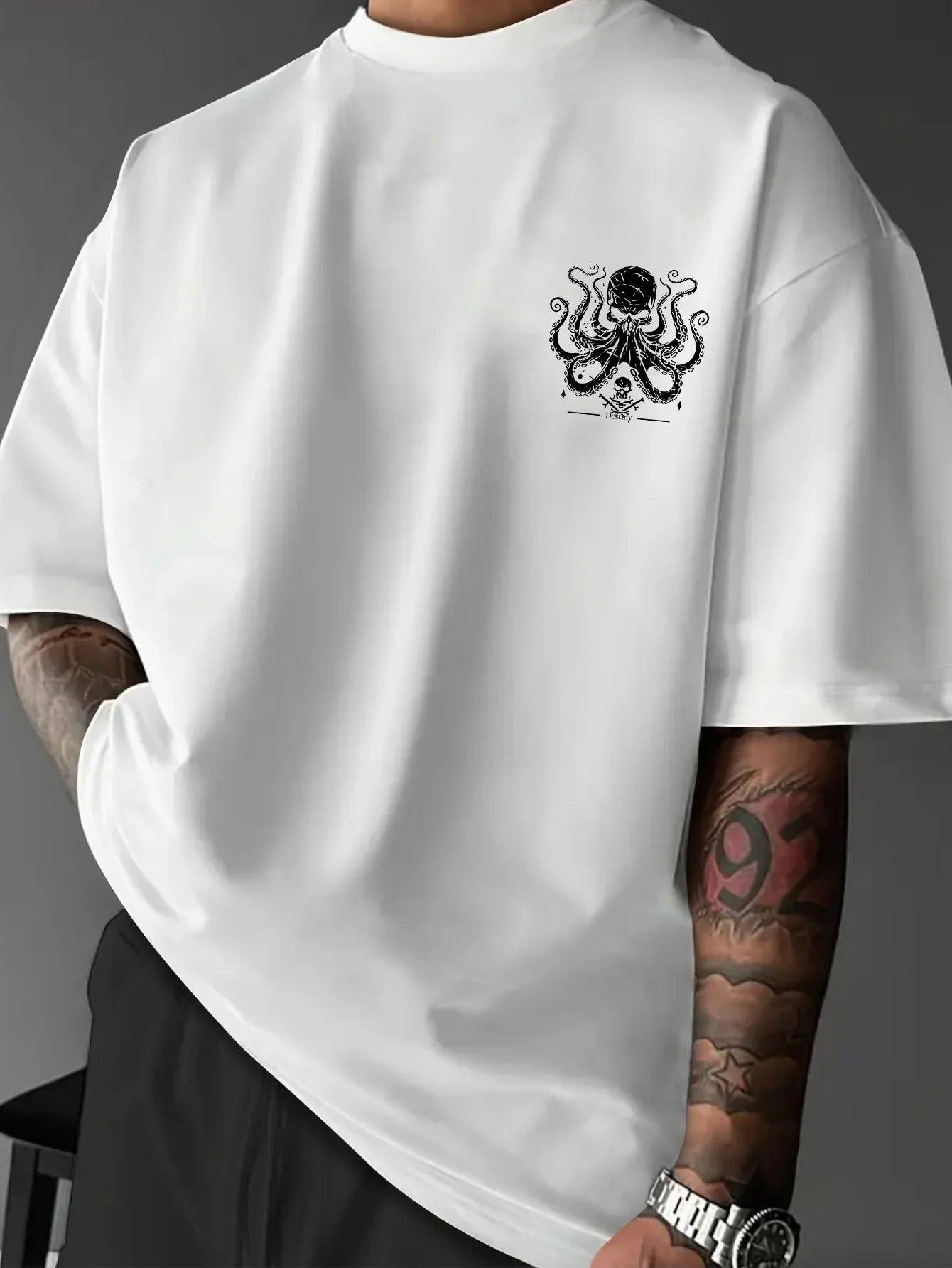 Neues Vintage Piraten-Oktopus-Schädel Grafik-Print T-Shirt für Männer, Locker Geschnittenes Streetwear Kurzarm-Oberteil S-XXL – Detail 5