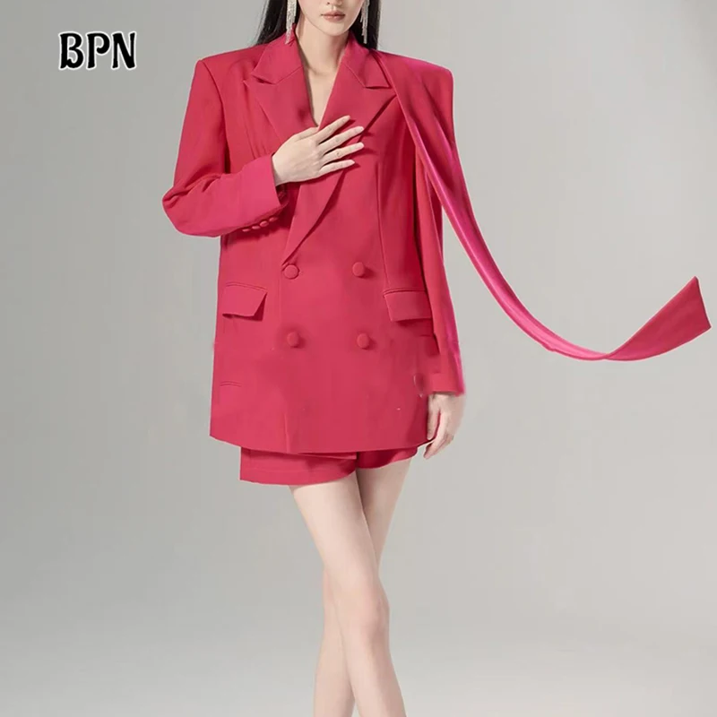 

BPN Minimalist Solid Elegant Blazer For Women Notched Collar Long Sleeve Spliced Double Breasted Coats Female Fashion Style New