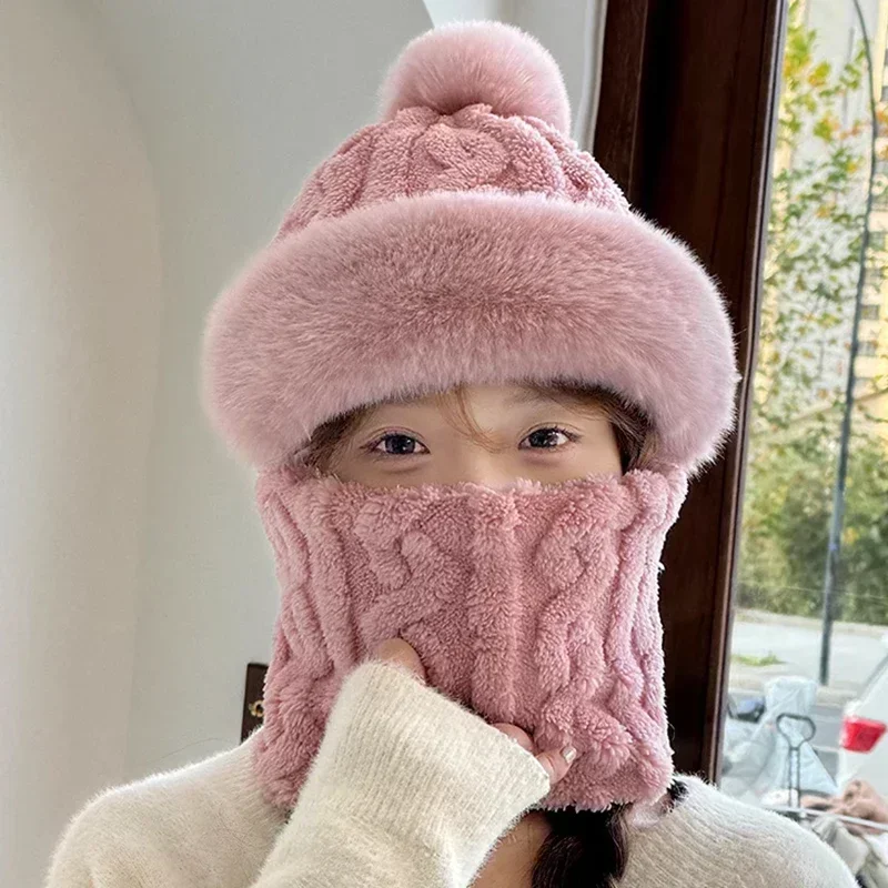Winter Knitted Hat Scarf Mask One-Piece Plush Pompom Beanies for Women Fleece Lining Warm Bonnet Ears Neck Protection Skiing Cap