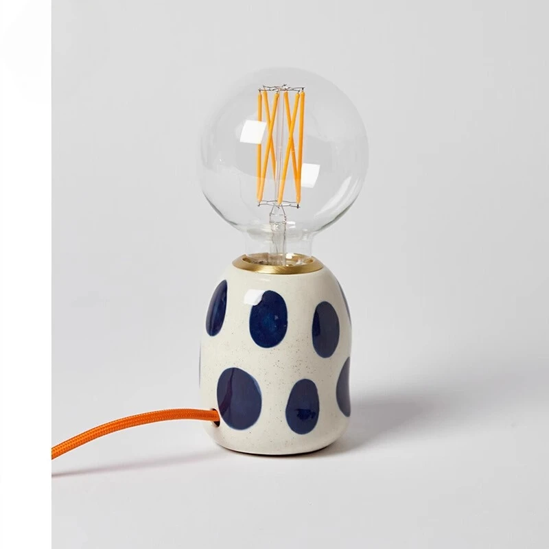 

E Home - Blue Polka Dot Desk Lamp Ceramic Cute Smiley Face Nordic Designer French Retro Bedroom Bedside Ambient Light