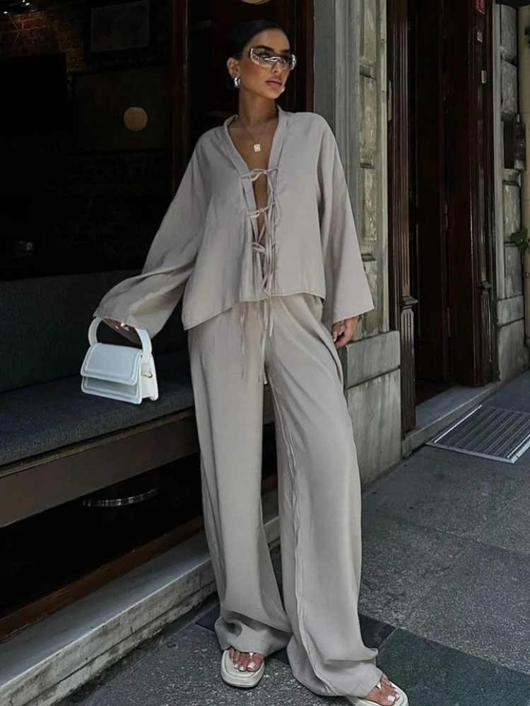 

Fashion V-neck Lace Up Full Sleeve Shirt Set Casual High Waist Wide Leg Pants Suit For Women 2025 Summer Vacation Street Outfits
