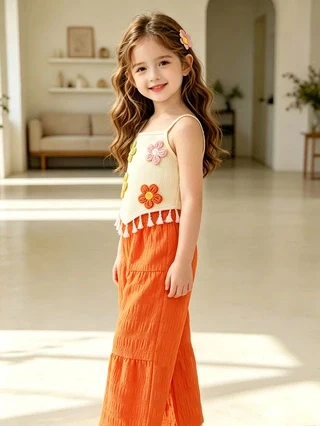 Neu eingetroffen: Sommerliches 3D-Blumen-Cami-Set für Mädchen, Quasten-Cami-Top & orangefarbene, plissierte Weitbein-Hose, lässiges 2-teiliges Outfit für Mädchen. – Detail 5