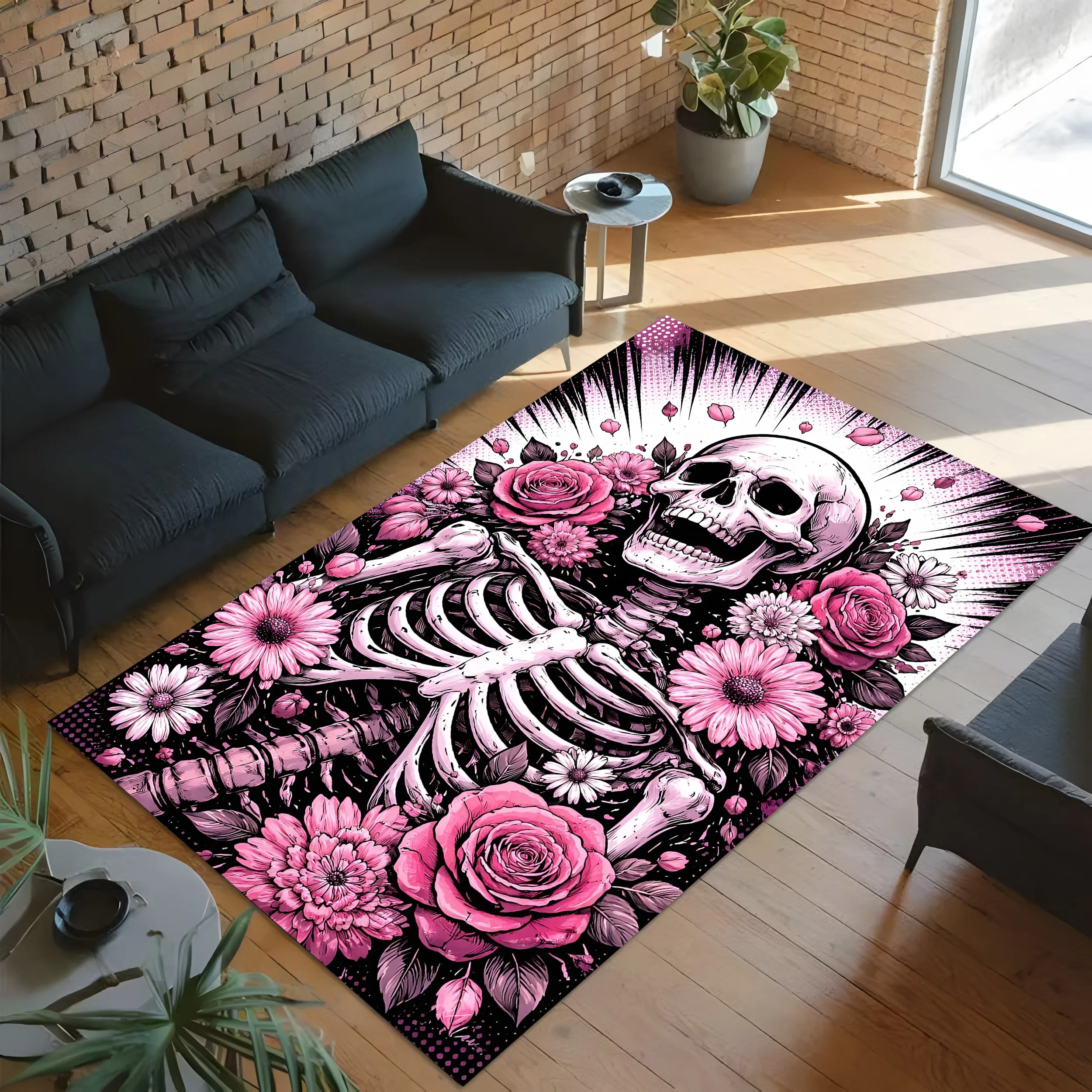 Pink Rose Daisy Skull Print Sweet Cool Gothic Halloween Velvet Rug for Entryway Bedroom Trendy Shop Decor