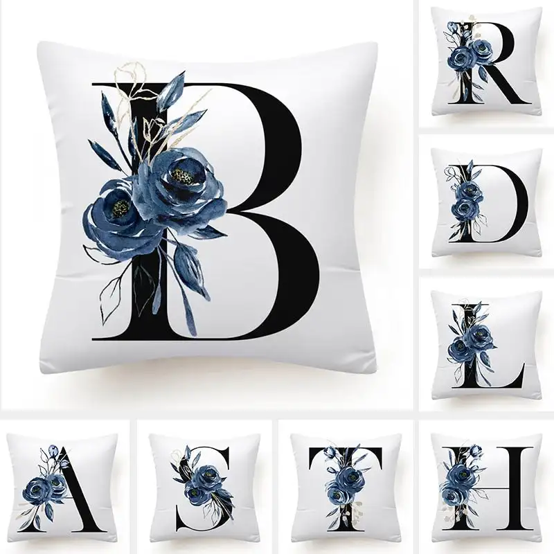 Flower Pillow Case Letter Decorative     Cushion  Blue