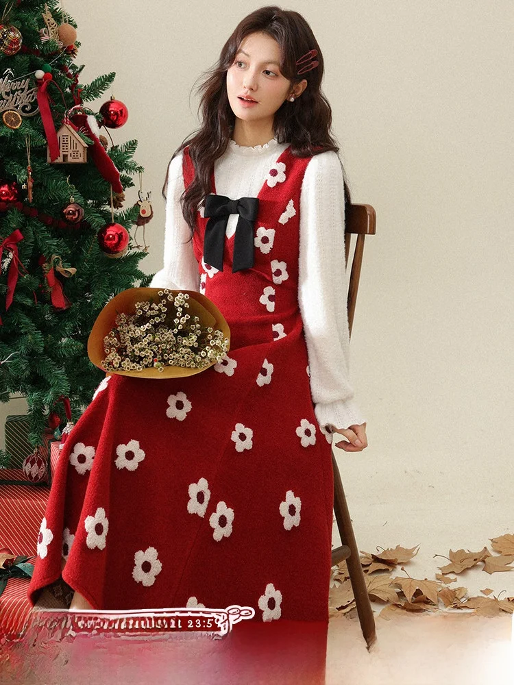 

Красное новогоднее платье-имитация двойки для женщин, зимнее, модное, с принтом в виде веток лотоса и снегопада, длиной до колена