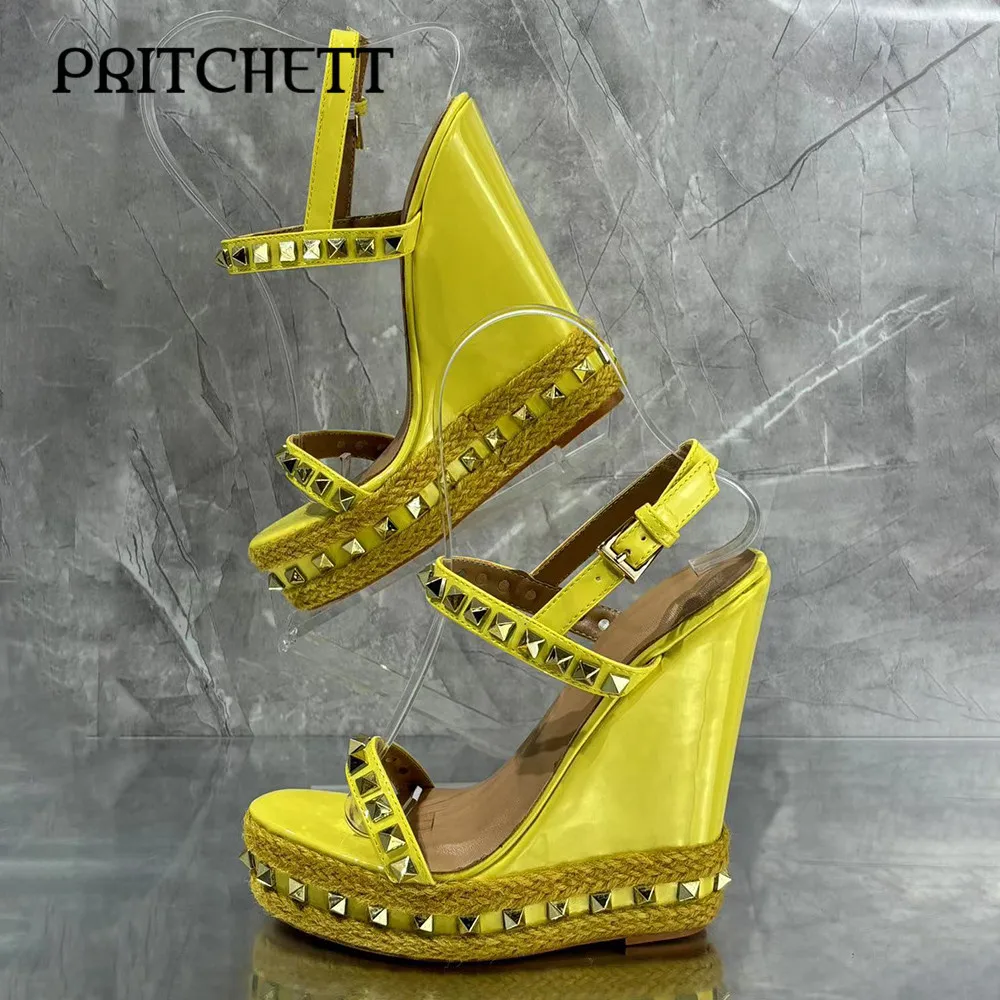 Studded Yellow Espadrilles Round Toe Wedge Heel High Heel Sandals Large Size Fashionable Ankle Pockets Large Size Women's Shoes