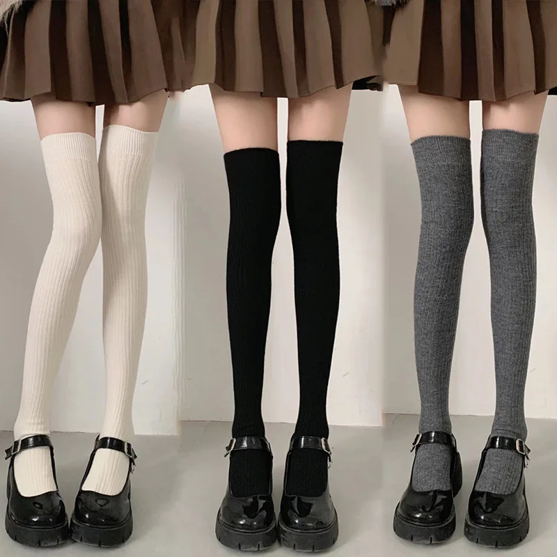 Socks Woman Autumn and Winter Thick Warm Solid Color Knee High Stockings Black White Vertical stripes Thigh High Socks for Women