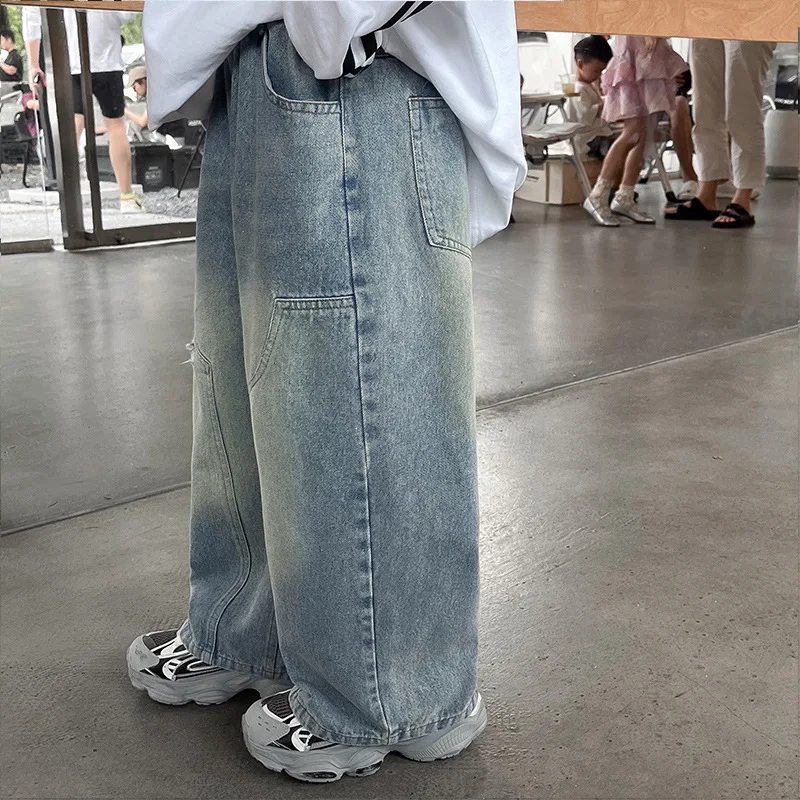 Autumn Junior Boys Jeans Cotton Casual Hole Children Baby Boy Denim Pants Ins Elastic Waist Patched Teenagers Boys Straight Pant