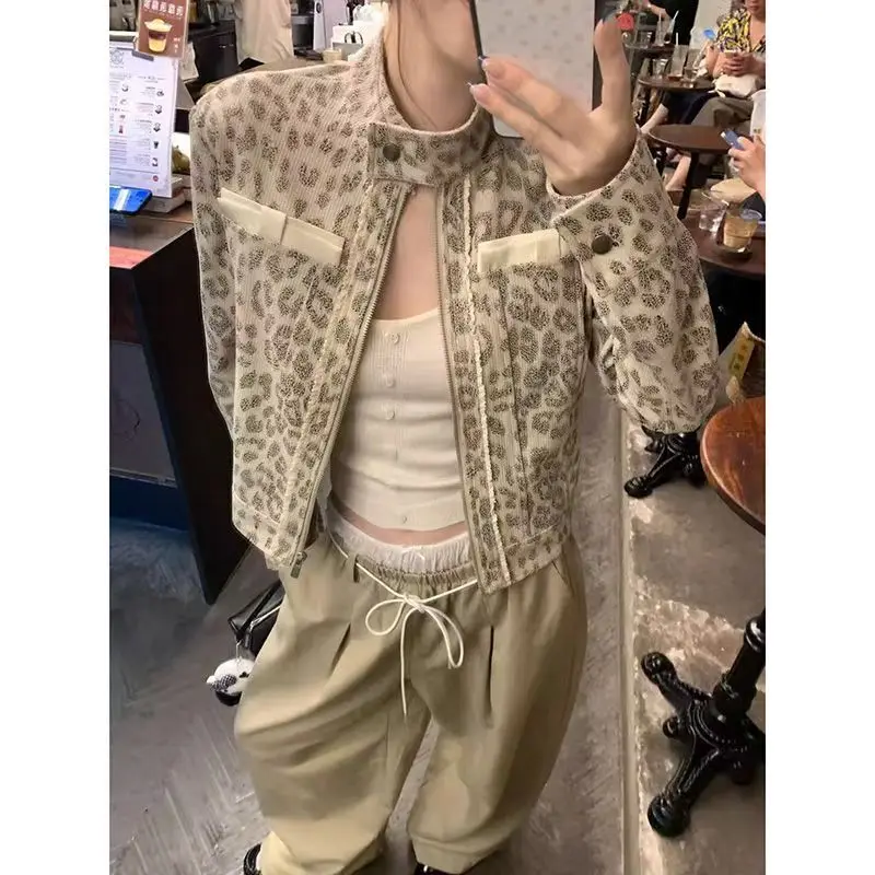 

Korean Fashion Y2k Retro High Street Coat Chic Design Leopard Print Stand-up Collar French Elegant Women's Jacket Woman Clothing