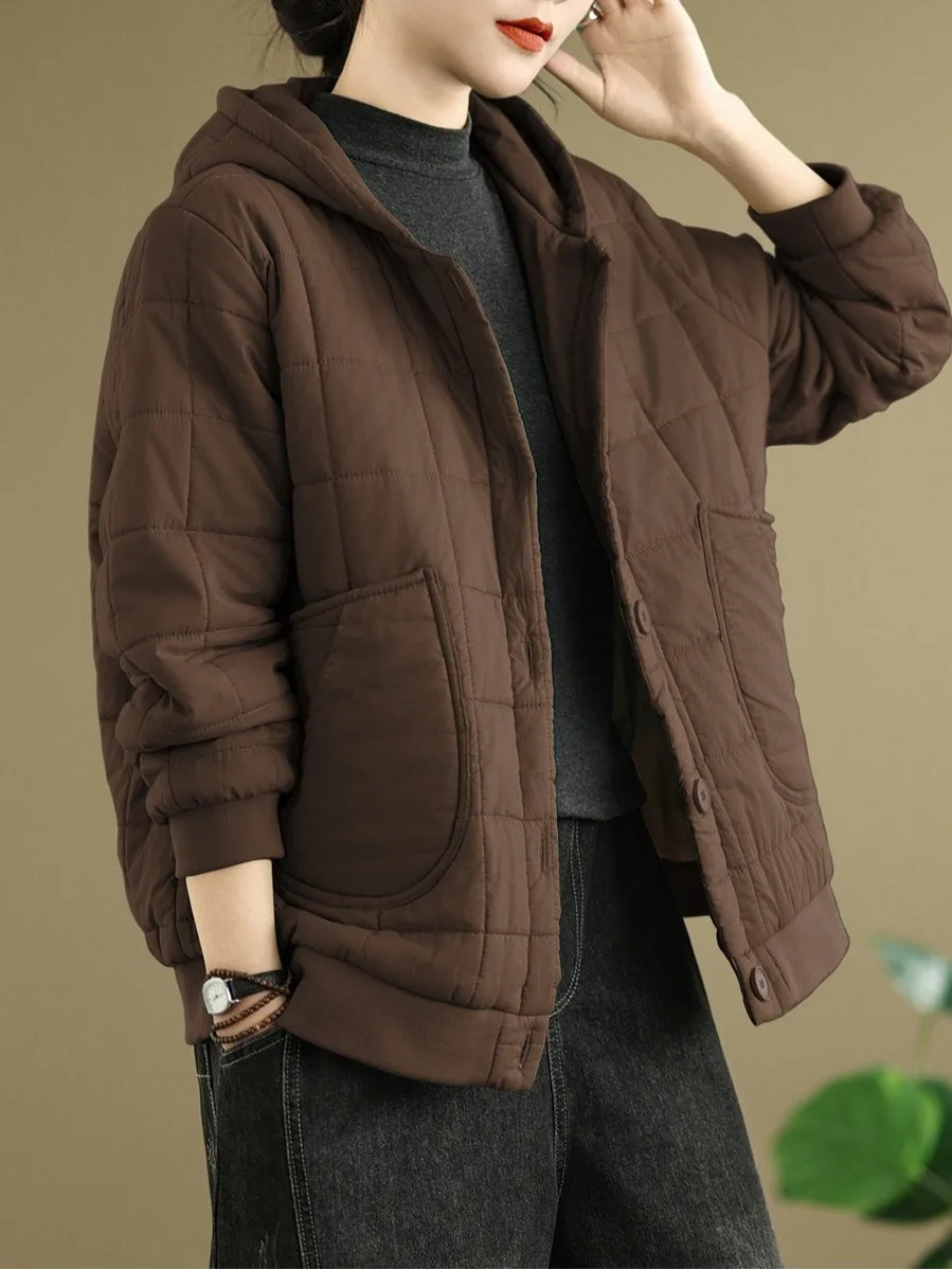 Thiened Winter Cotton Jaet Women's Casual Coat Warm Plaid Hooded Spring Autumn Winter Faionable Ladies' Outerwear