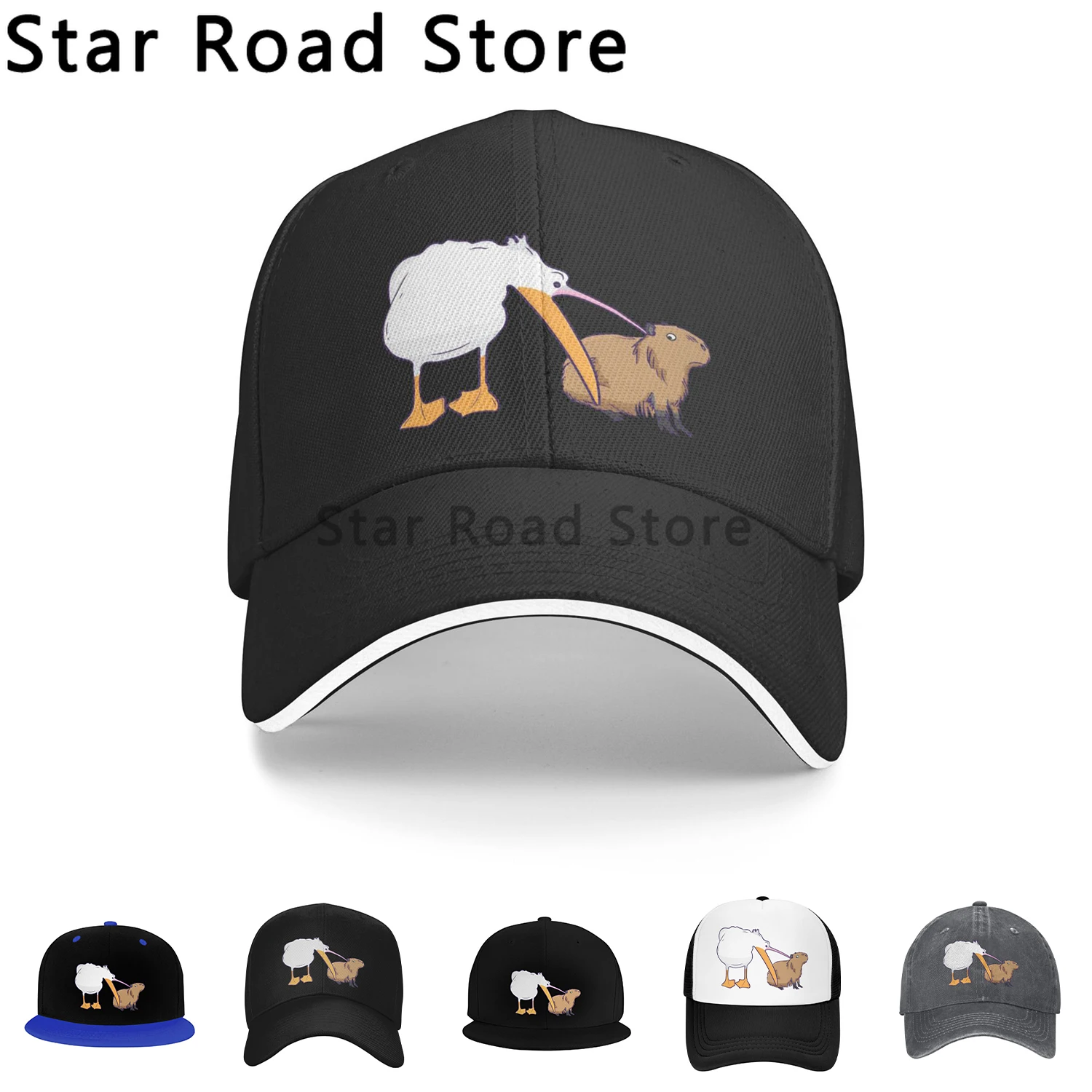 

Новинка 2024, бейсболки с рисунком Pelican пытаются съесть капибара, кепки с козырьком, кепки с животными, солнцезащитные кепки для мужчин