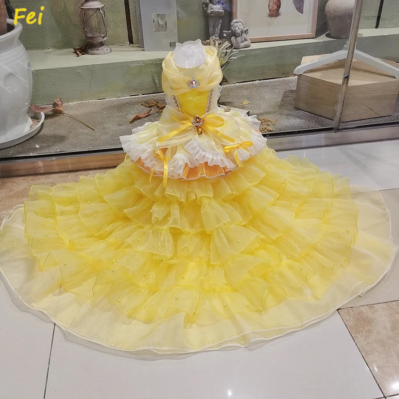 

Handmade Luxury Dog Clothes Wedding Gown Yellow Trailing Princess Dress European Palace Evening Dancing Gem Bow Detachable Skirt