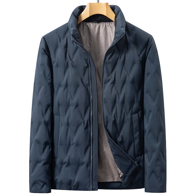 Jaket Bulu Angsa Ringan Pria Kasual Warna Solid Tahan Angin Hangat Mantel Puffer Pakaian Luar Kerah Berdiri Ramping Pakaian Atasan Berlapis