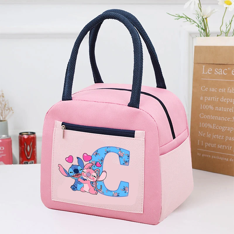 Stitch Disney Lunch Pack Insulated Bags Lunch Boxes Cartoon Anime Letter A-Z Zipper Thickened Watertight Handbag Birthday Gifts