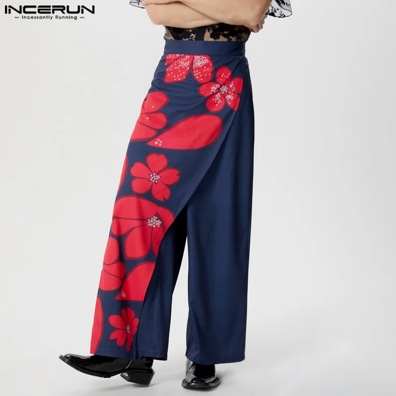 INCERUN Men Irregular Pants Flower Printing Zipper Loose Casual Trousers Men Streetwear 2024 Personality Fashion Male Long Pants