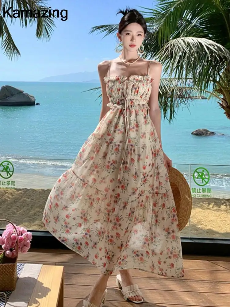 

2024 Summer New Floral Bandage Dresses Women Sweet Spaghetti Straps Chiffon Holiday Party Vestidos Female Casual A-line Sundress