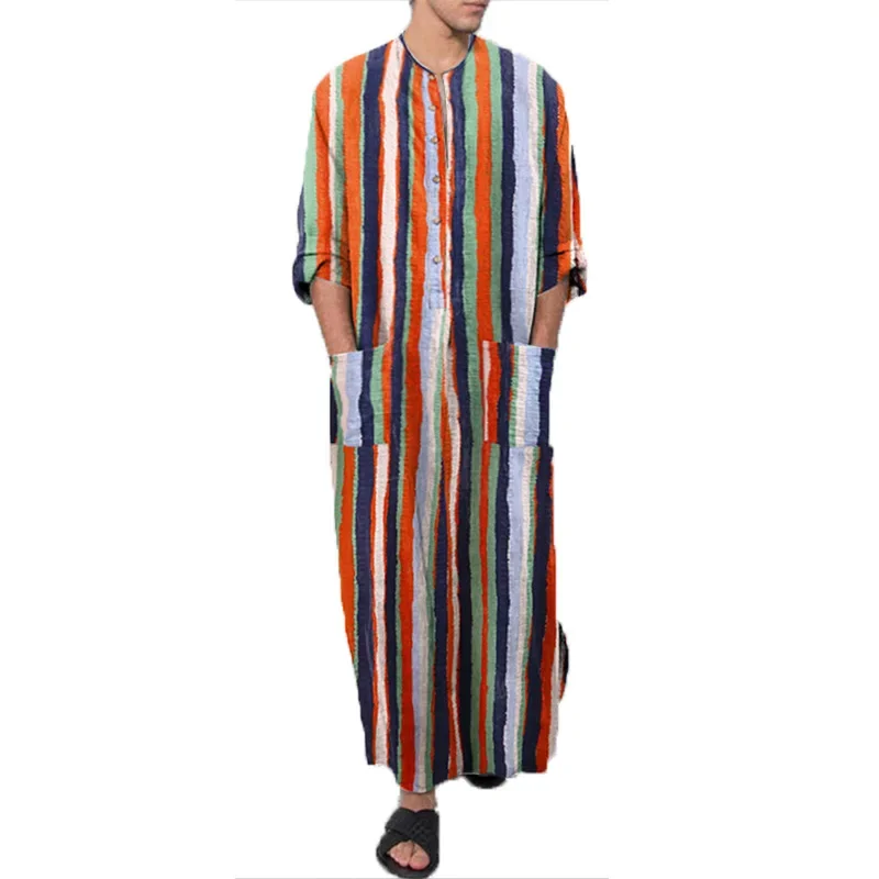 2024 Men\'s Spring and Summer Muslim Long Sleeve Cotton Striped Robes Summer Islamic Arabian Kaftan Suit Middle East Dubai Abaya