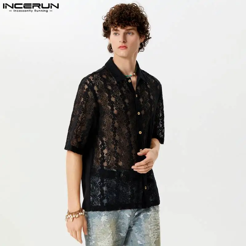 INCERUN Y-2024 Style Américain Mode Hommes PerconsiderJacquard Chemises Casual Streetwear Mâle Revers À Manches Courtes Blouse S-5XL