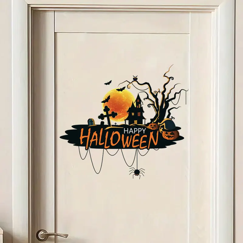 Halloween Door Sticker Dark Castle Full Moon Tombstone Spider Self Adhesive Wall Decal, Spooky Home Scene Decorations